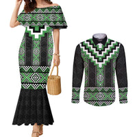 Green Taniko Pattern Aotearoa Couples Matching Mermaid Dress and Long Sleeve Button Shirt Niho Taniwha Mix Poutama LT14
