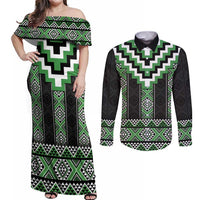 Green Taniko Pattern Aotearoa Couples Matching Off Shoulder Maxi Dress and Long Sleeve Button Shirt Niho Taniwha Mix Poutama LT14