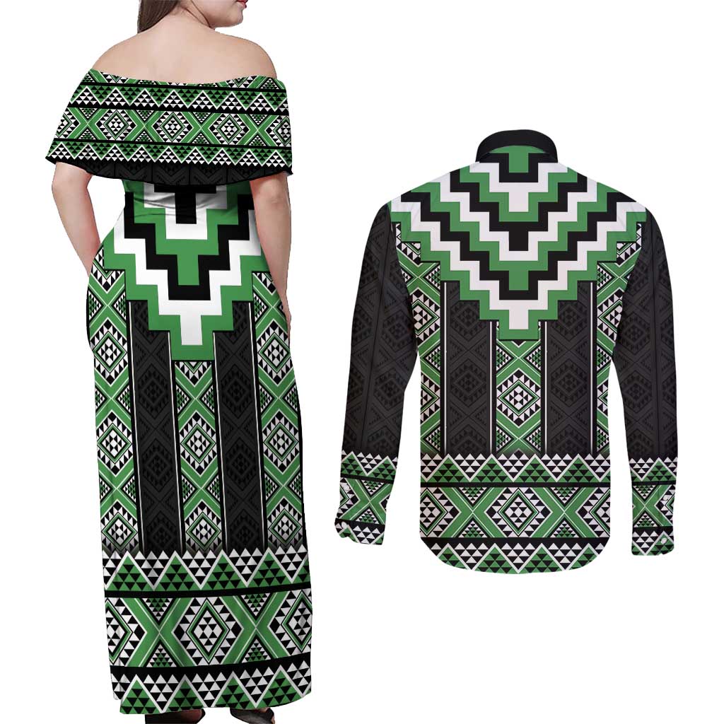 Green Taniko Pattern Aotearoa Couples Matching Off Shoulder Maxi Dress and Long Sleeve Button Shirt Niho Taniwha Mix Poutama LT14