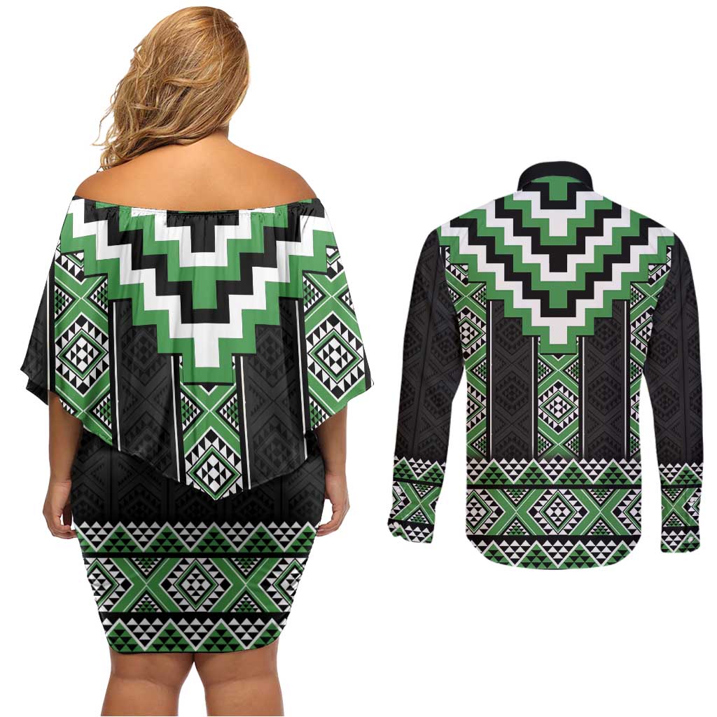Green Taniko Pattern Aotearoa Couples Matching Off Shoulder Short Dress and Long Sleeve Button Shirt Niho Taniwha Mix Poutama LT14