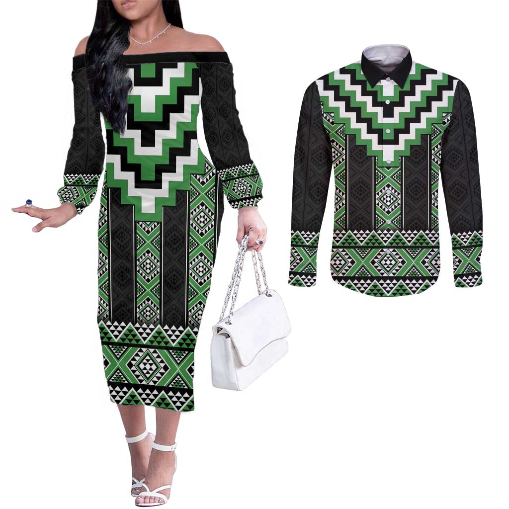 Green Taniko Pattern Aotearoa Couples Matching Off The Shoulder Long Sleeve Dress and Long Sleeve Button Shirt Niho Taniwha Mix Poutama LT14