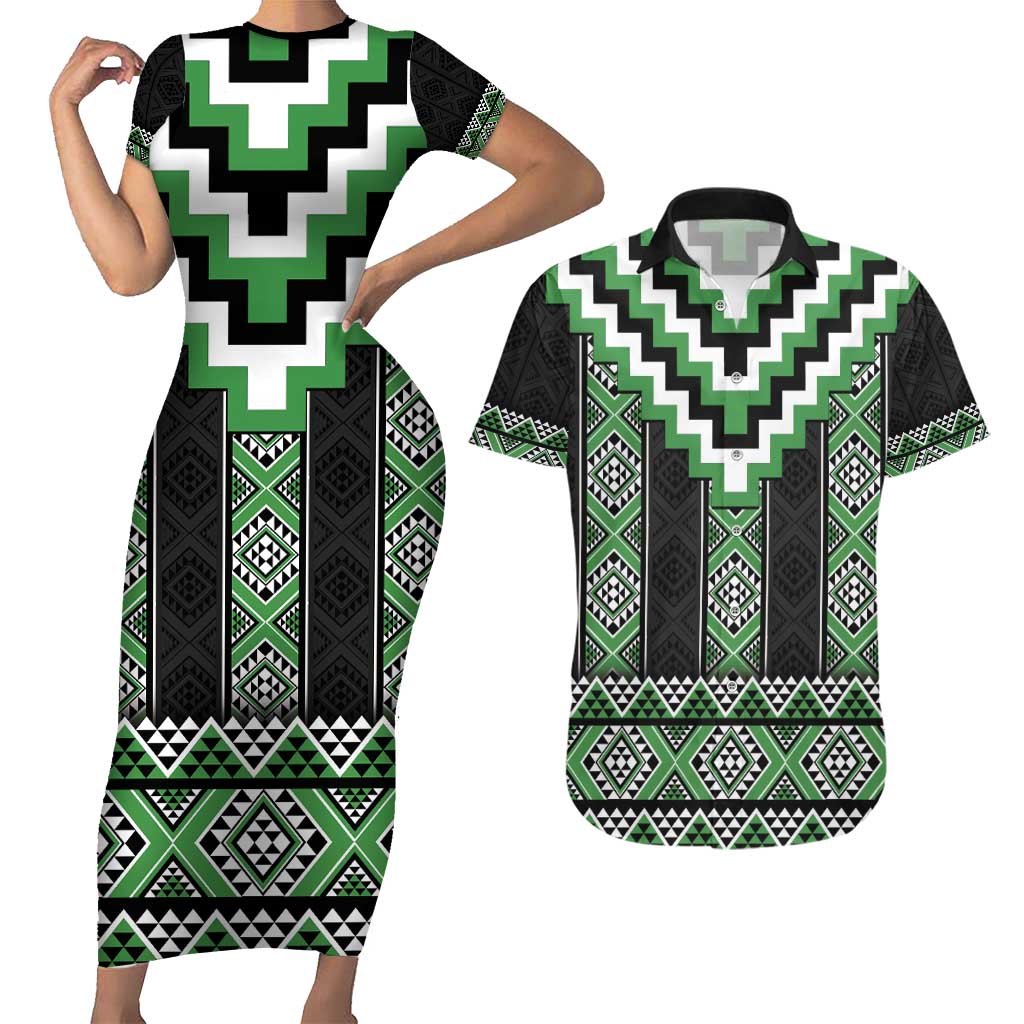 Green Taniko Pattern Aotearoa Couples Matching Short Sleeve Bodycon Dress and Hawaiian Shirt Niho Taniwha Mix Poutama LT14