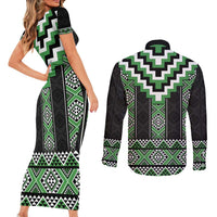 Green Taniko Pattern Aotearoa Couples Matching Short Sleeve Bodycon Dress and Long Sleeve Button Shirt Niho Taniwha Mix Poutama LT14