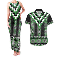 Green Taniko Pattern Aotearoa Couples Matching Tank Maxi Dress and Hawaiian Shirt Niho Taniwha Mix Poutama LT14