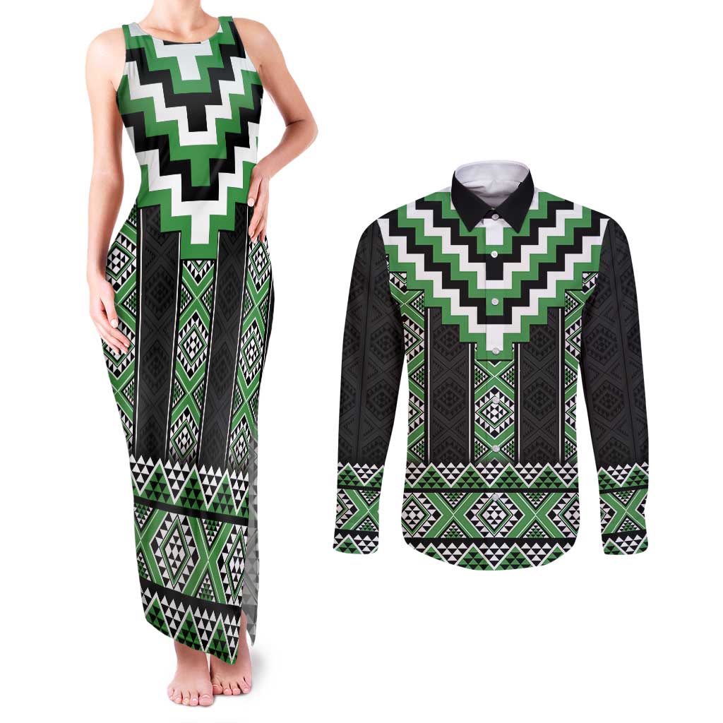 Green Taniko Pattern Aotearoa Couples Matching Tank Maxi Dress and Long Sleeve Button Shirt Niho Taniwha Mix Poutama LT14