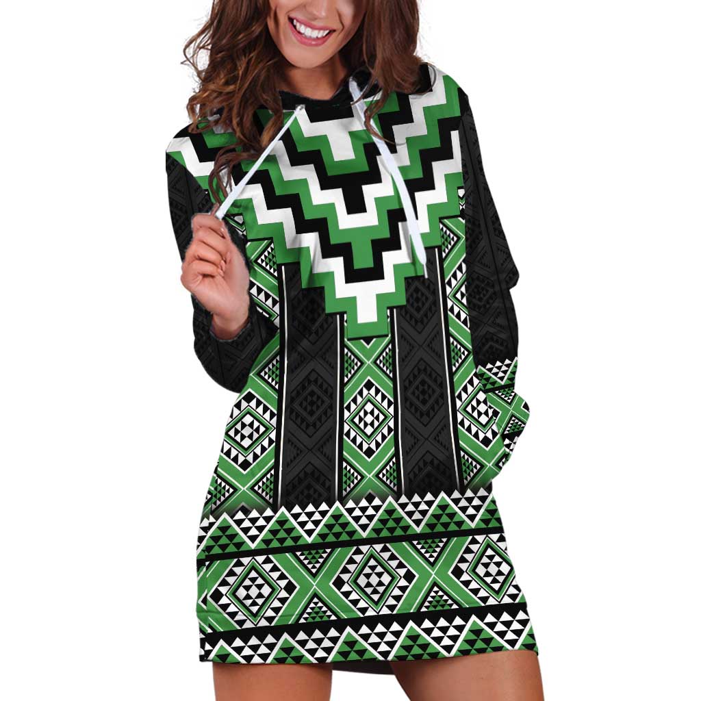 Green Taniko Pattern Aotearoa Hoodie Dress Niho Taniwha Mix Poutama LT14