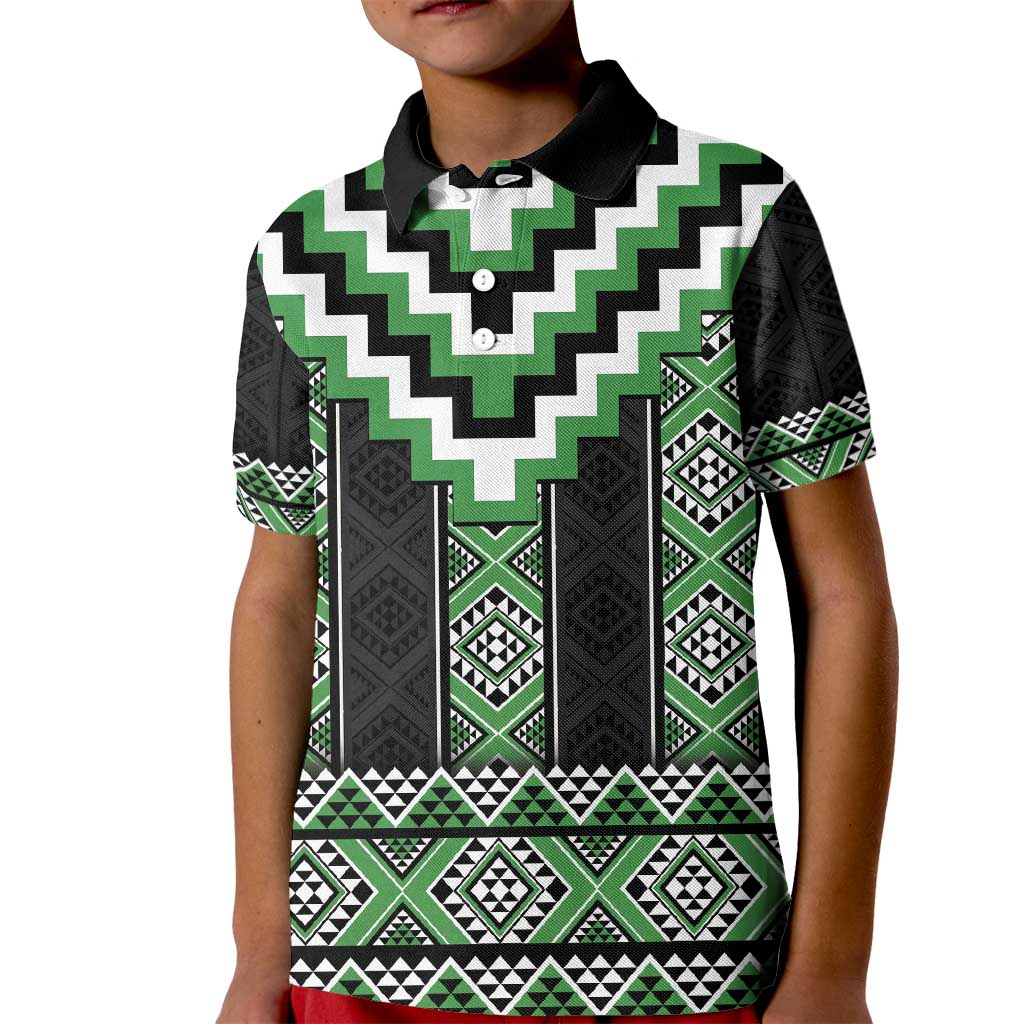 Green Taniko Pattern Aotearoa Kid Polo Shirt Niho Taniwha Mix Poutama LT14