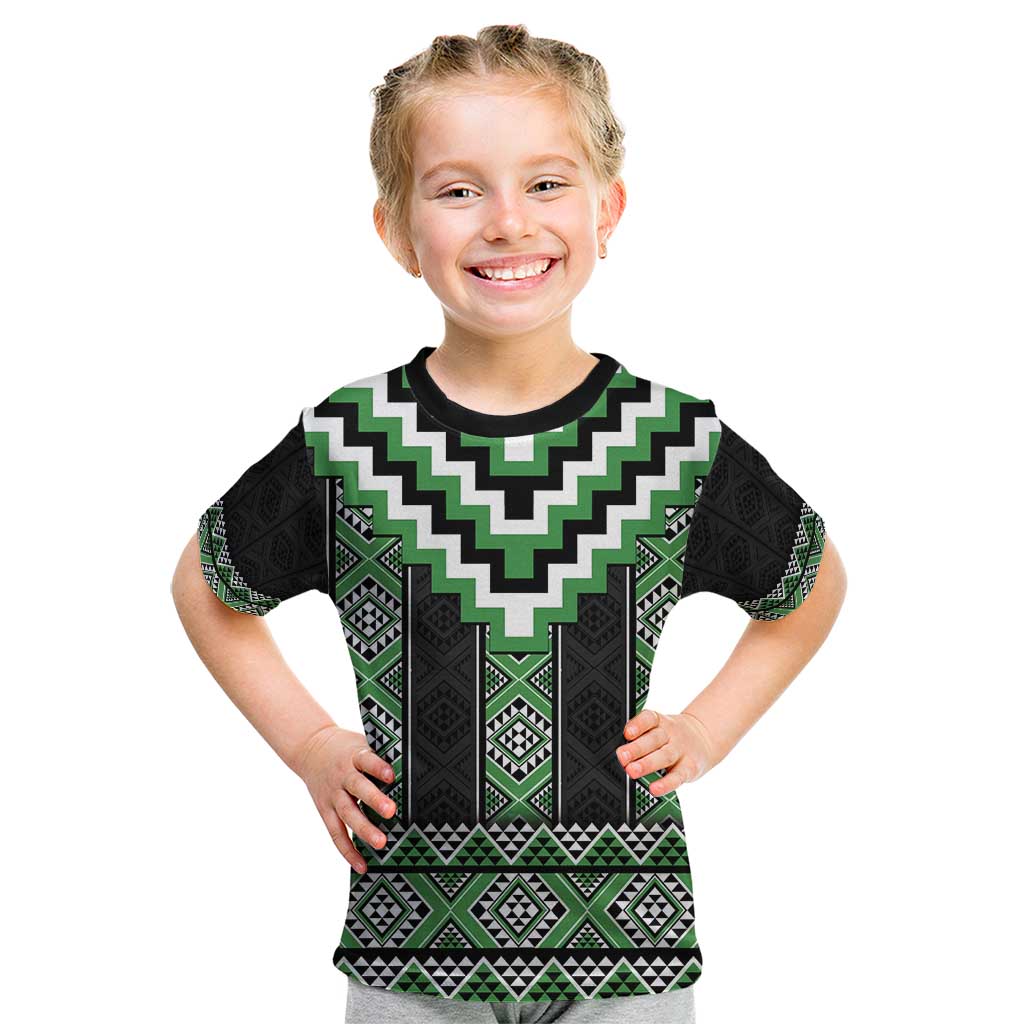 Green Taniko Pattern Aotearoa Kid T Shirt Niho Taniwha Mix Poutama LT14