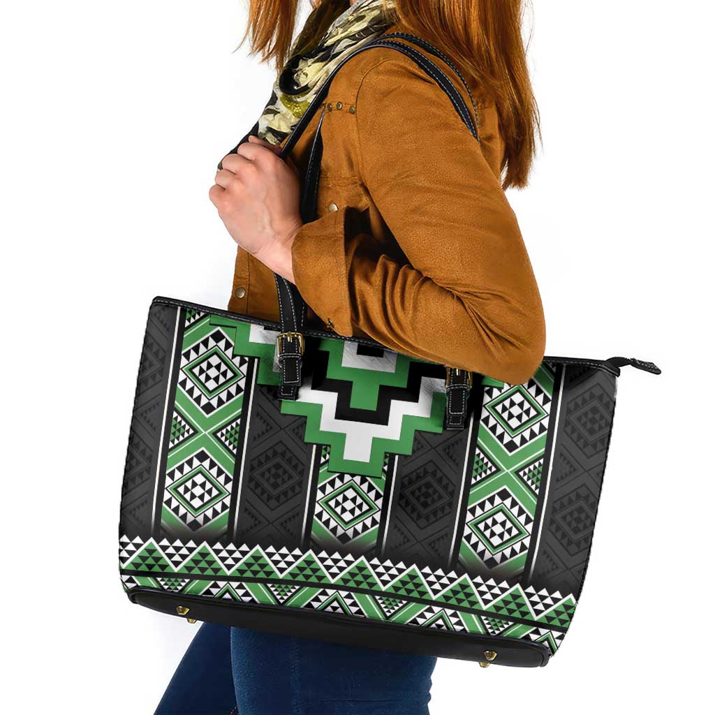 Green Taniko Pattern Aotearoa Leather Tote Bag Niho Taniwha Mix Poutama