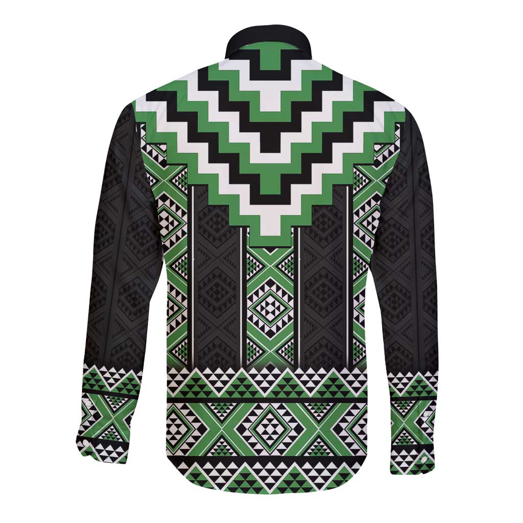 Green Taniko Pattern Aotearoa Long Sleeve Button Shirt Niho Taniwha Mix Poutama LT14