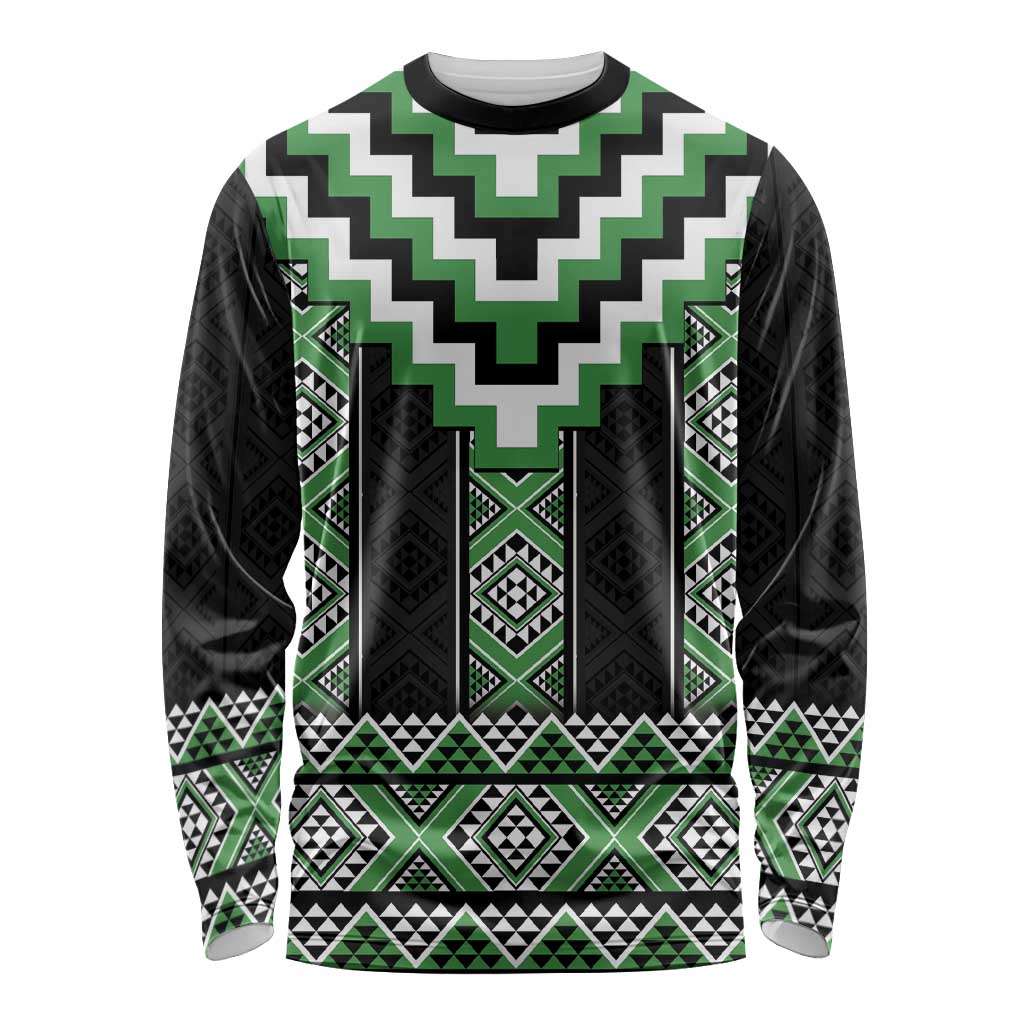 Green Taniko Pattern Aotearoa Long Sleeve Shirt Niho Taniwha Mix Poutama LT14
