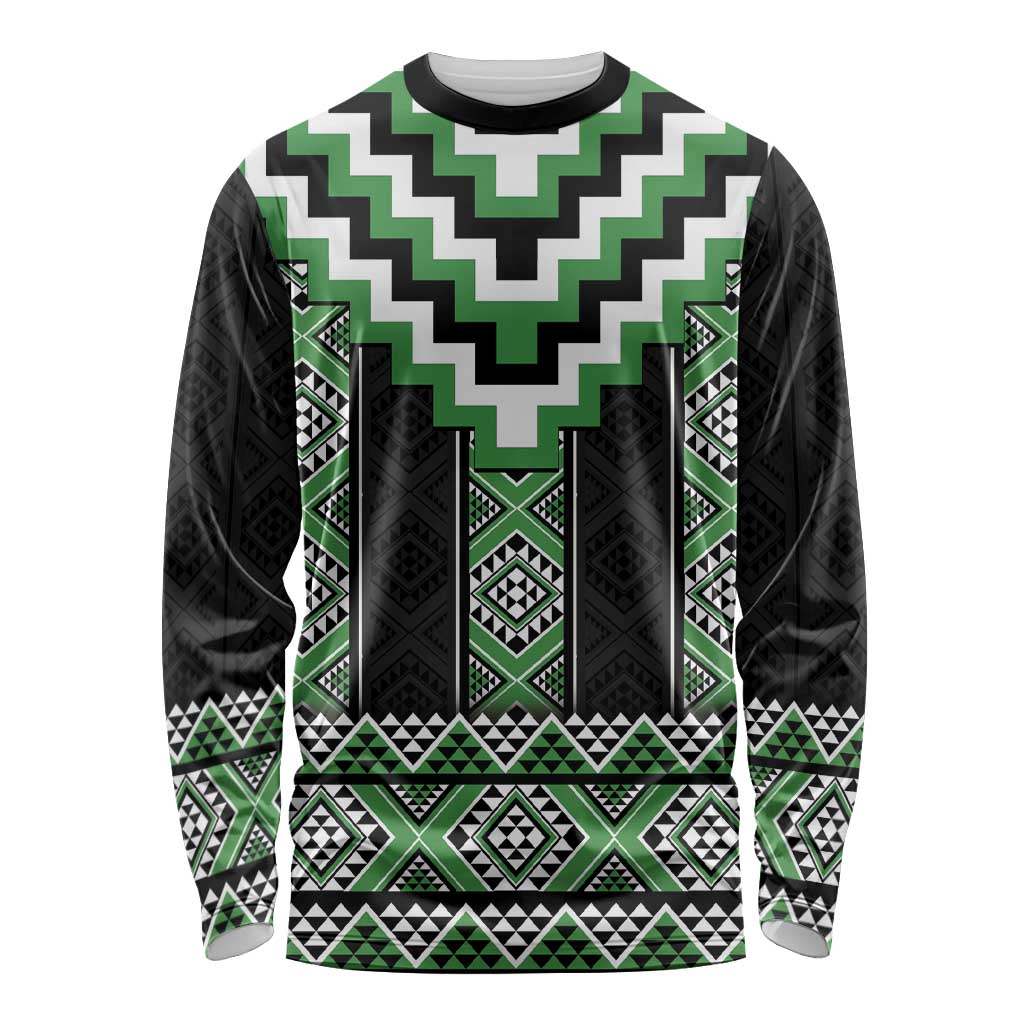 Green Taniko Pattern Aotearoa Long Sleeve Shirt Niho Taniwha Mix Poutama LT14