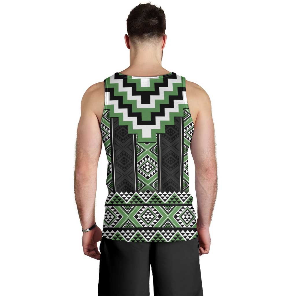 Green Taniko Pattern Aotearoa Men Tank Top Niho Taniwha Mix Poutama LT14