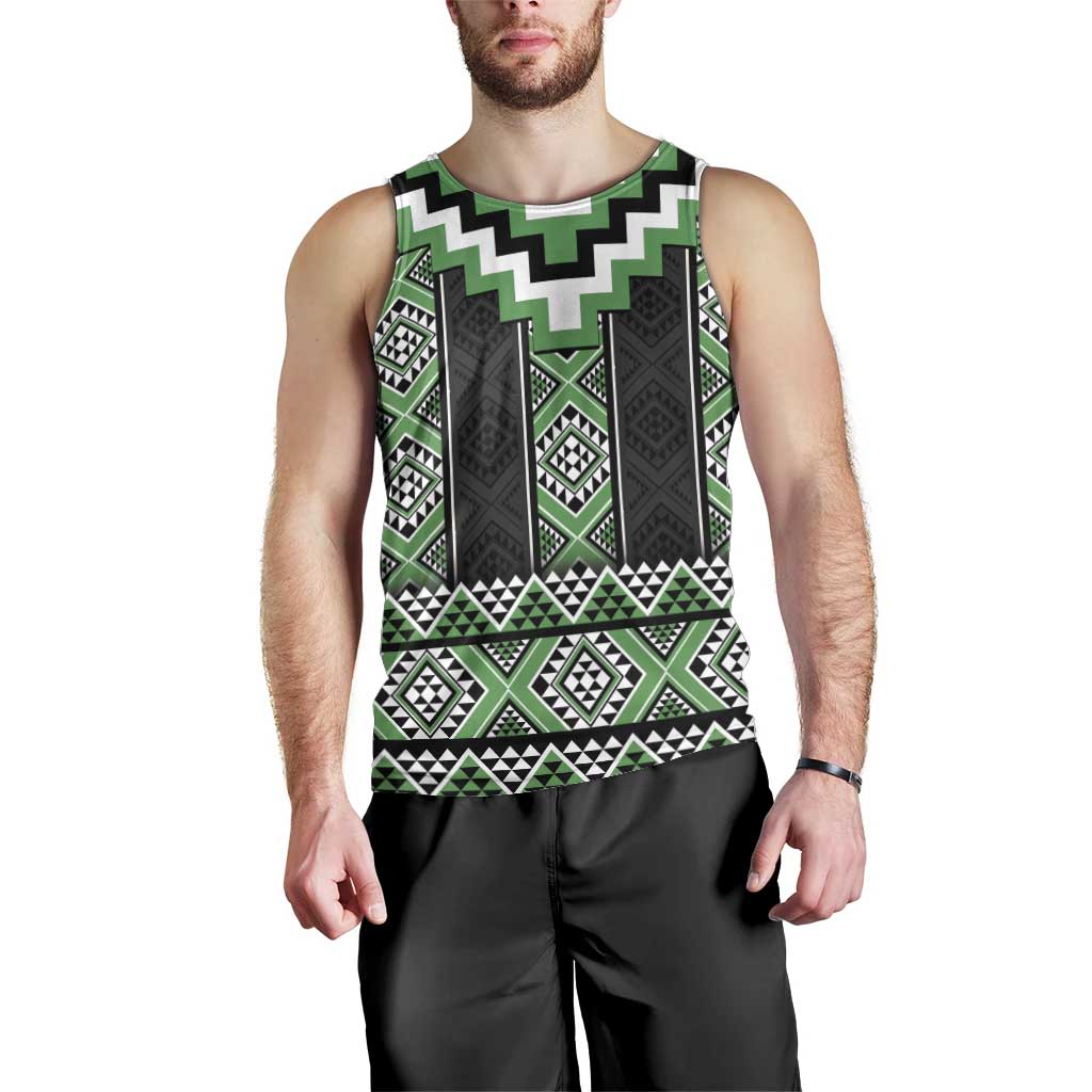 Green Taniko Pattern Aotearoa Men Tank Top Niho Taniwha Mix Poutama LT14