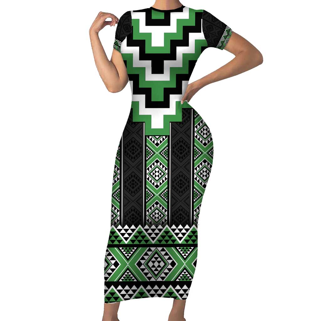 Green Taniko Pattern Aotearoa Short Sleeve Bodycon Dress Niho Taniwha Mix Poutama LT14