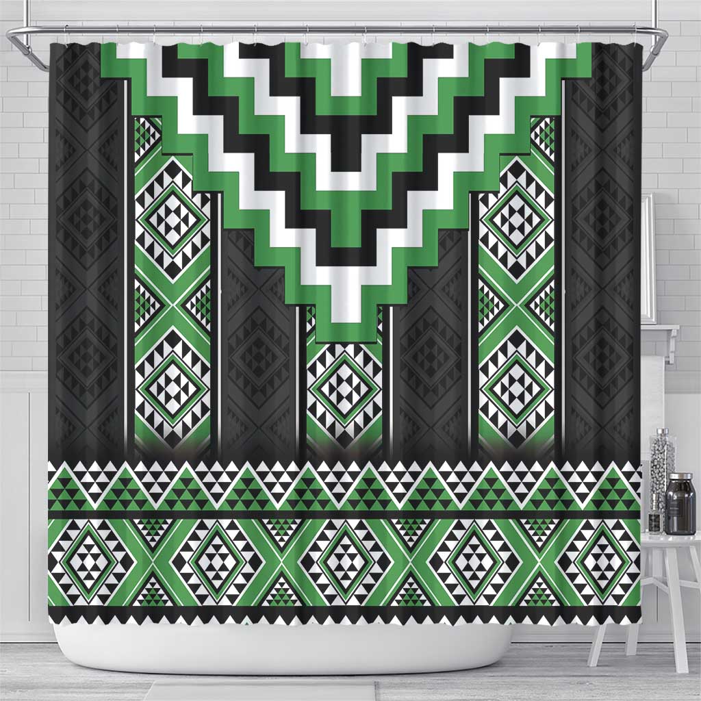 Green Taniko Pattern Aotearoa Shower Curtain Niho Taniwha Mix Poutama