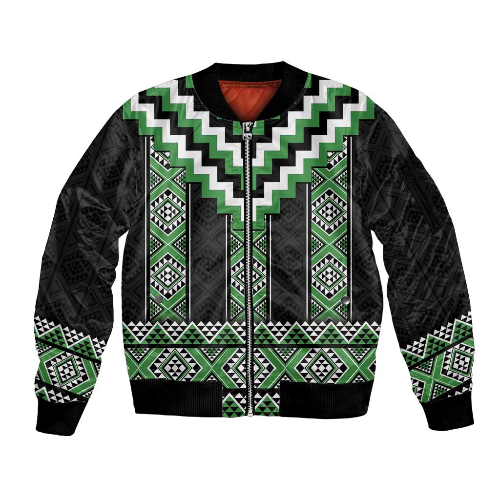 Green Taniko Pattern Aotearoa Sleeve Zip Bomber Jacket Niho Taniwha Mix Poutama LT14