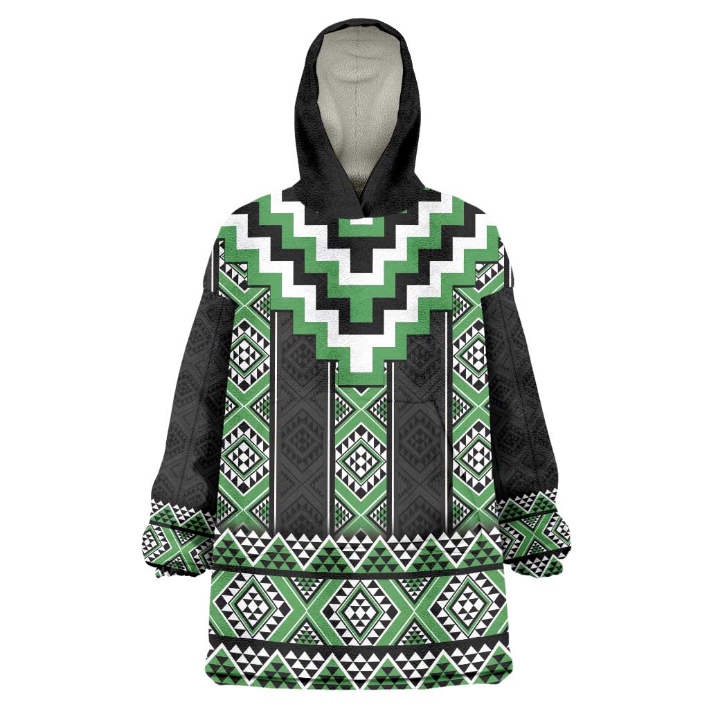 Green Taniko Pattern Aotearoa Wearable Blanket Hoodie Niho Taniwha Mix Poutama LT14