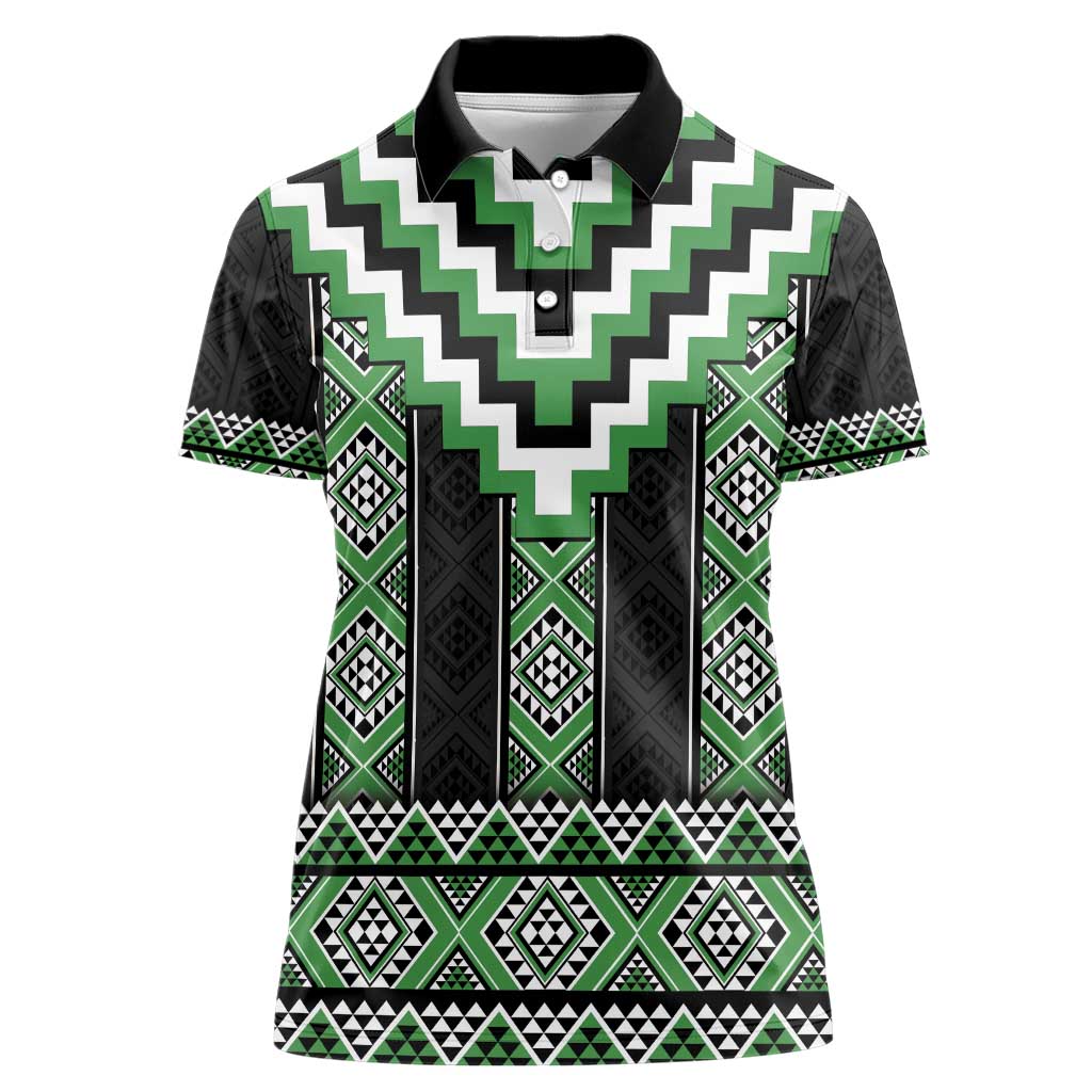 Green Taniko Pattern Aotearoa Women Polo Shirt Niho Taniwha Mix Poutama LT14