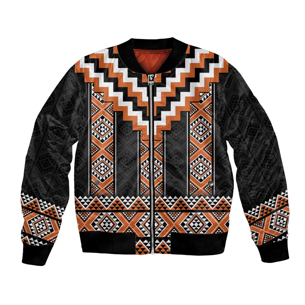Orange Taniko Pattern Aotearoa Bomber Jacket Niho Taniwha Mix Poutama LT14 Unisex Orange - Polynesian Pride