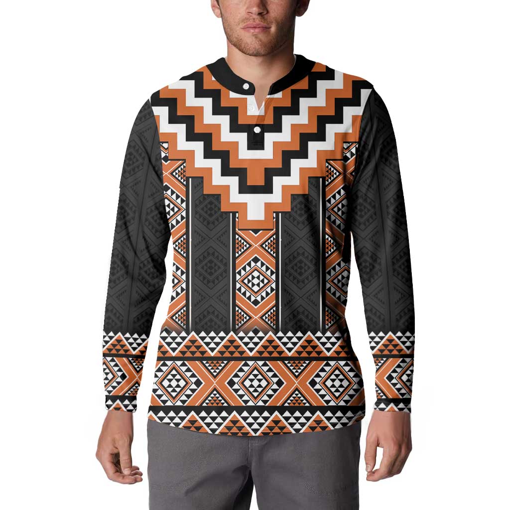 Orange Taniko Pattern Aotearoa Button Sweatshirt Niho Taniwha Mix Poutama LT14