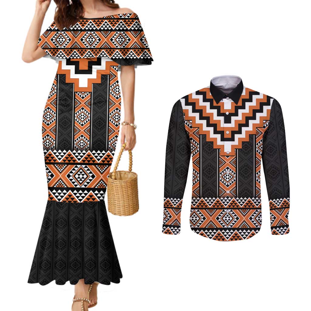Orange Taniko Pattern Aotearoa Couples Matching Mermaid Dress and Long Sleeve Button Shirt Niho Taniwha Mix Poutama LT14