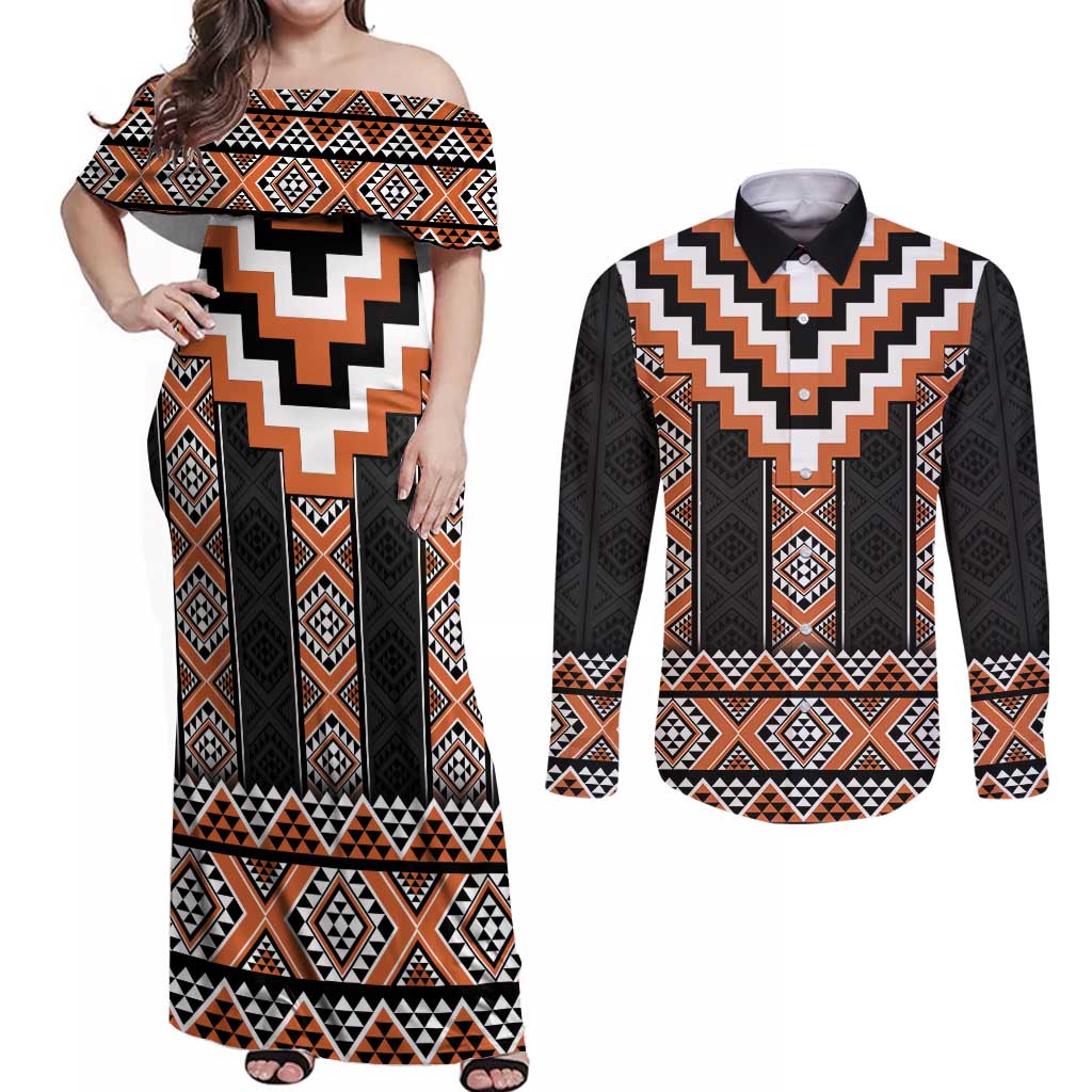 Orange Taniko Pattern Aotearoa Couples Matching Off Shoulder Maxi Dress and Long Sleeve Button Shirt Niho Taniwha Mix Poutama LT14