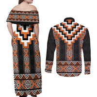 Orange Taniko Pattern Aotearoa Couples Matching Off Shoulder Maxi Dress and Long Sleeve Button Shirt Niho Taniwha Mix Poutama LT14
