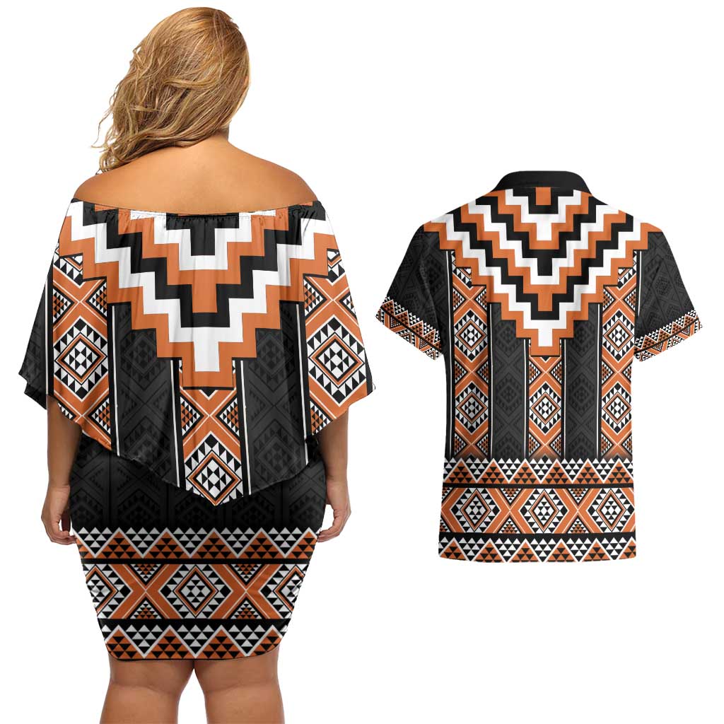 Orange Taniko Pattern Aotearoa Couples Matching Off Shoulder Short Dress and Hawaiian Shirt Niho Taniwha Mix Poutama LT14