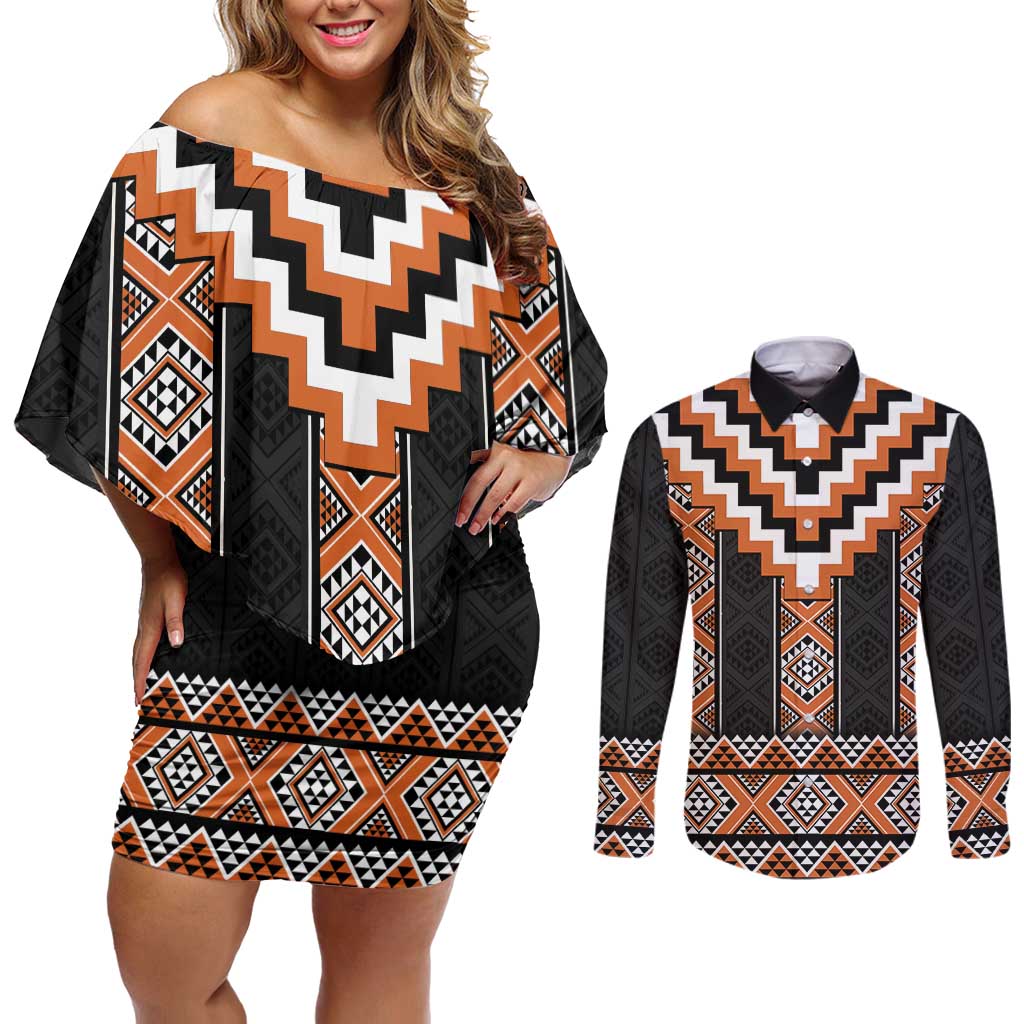 Orange Taniko Pattern Aotearoa Couples Matching Off Shoulder Short Dress and Long Sleeve Button Shirt Niho Taniwha Mix Poutama LT14