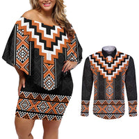 Orange Taniko Pattern Aotearoa Couples Matching Off Shoulder Short Dress and Long Sleeve Button Shirt Niho Taniwha Mix Poutama LT14