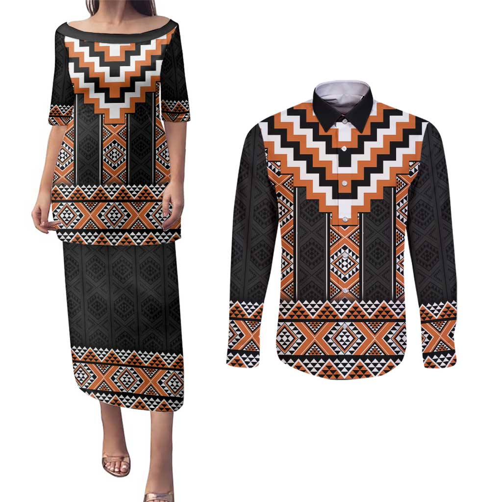Orange Taniko Pattern Aotearoa Couples Matching Puletasi and Long Sleeve Button Shirt Niho Taniwha Mix Poutama LT14