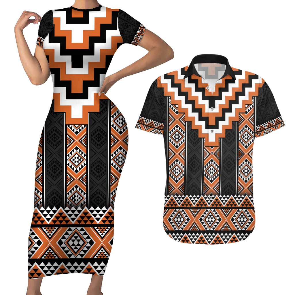 Orange Taniko Pattern Aotearoa Couples Matching Short Sleeve Bodycon Dress and Hawaiian Shirt Niho Taniwha Mix Poutama LT14