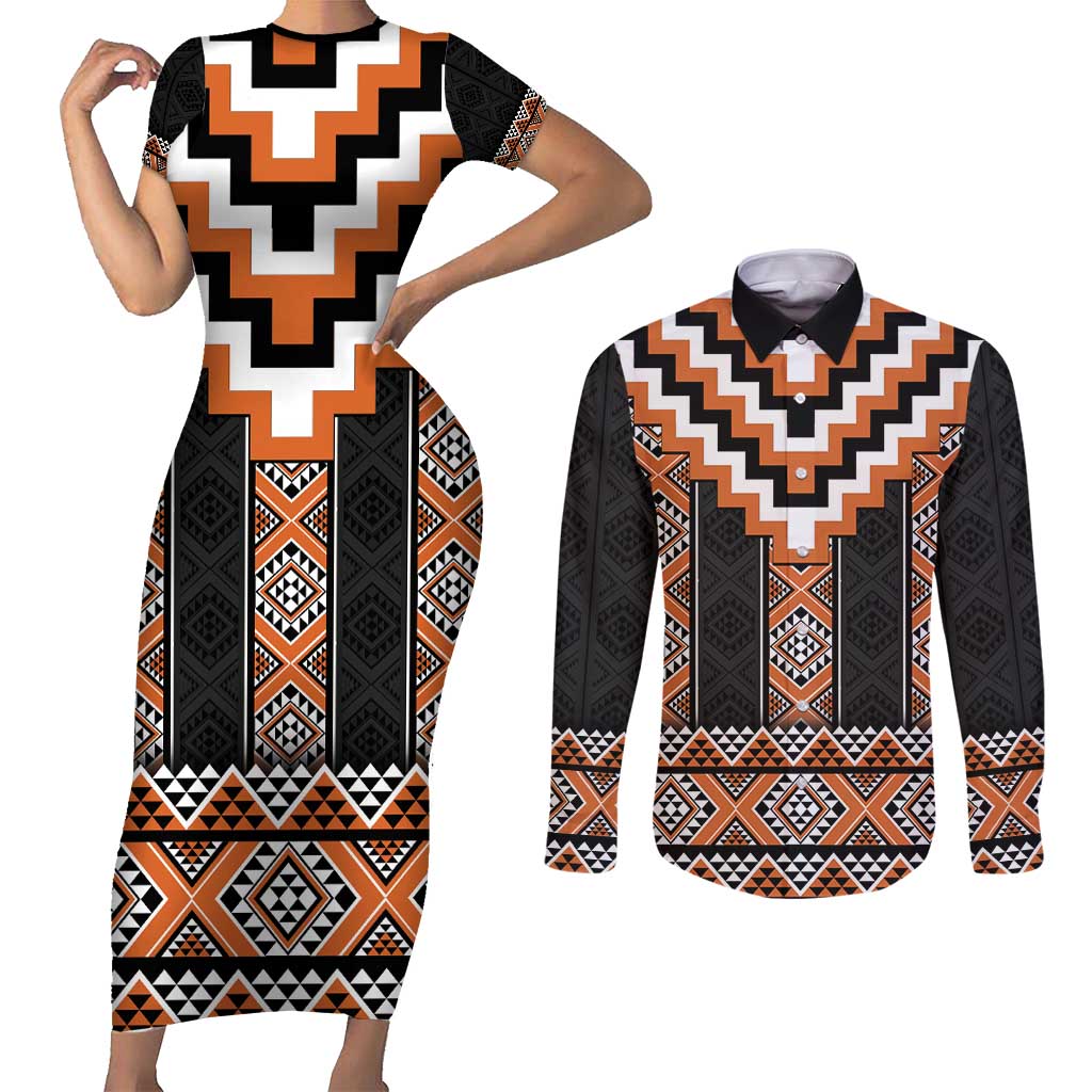 Orange Taniko Pattern Aotearoa Couples Matching Short Sleeve Bodycon Dress and Long Sleeve Button Shirt Niho Taniwha Mix Poutama LT14