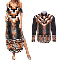 Orange Taniko Pattern Aotearoa Couples Matching Summer Maxi Dress and Long Sleeve Button Shirt Niho Taniwha Mix Poutama LT14