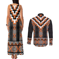 Orange Taniko Pattern Aotearoa Couples Matching Tank Maxi Dress and Long Sleeve Button Shirt Niho Taniwha Mix Poutama LT14