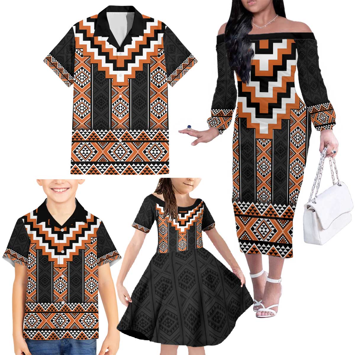 Orange Taniko Pattern Aotearoa Family Matching Off The Shoulder Long Sleeve Dress and Hawaiian Shirt Niho Taniwha Mix Poutama LT14