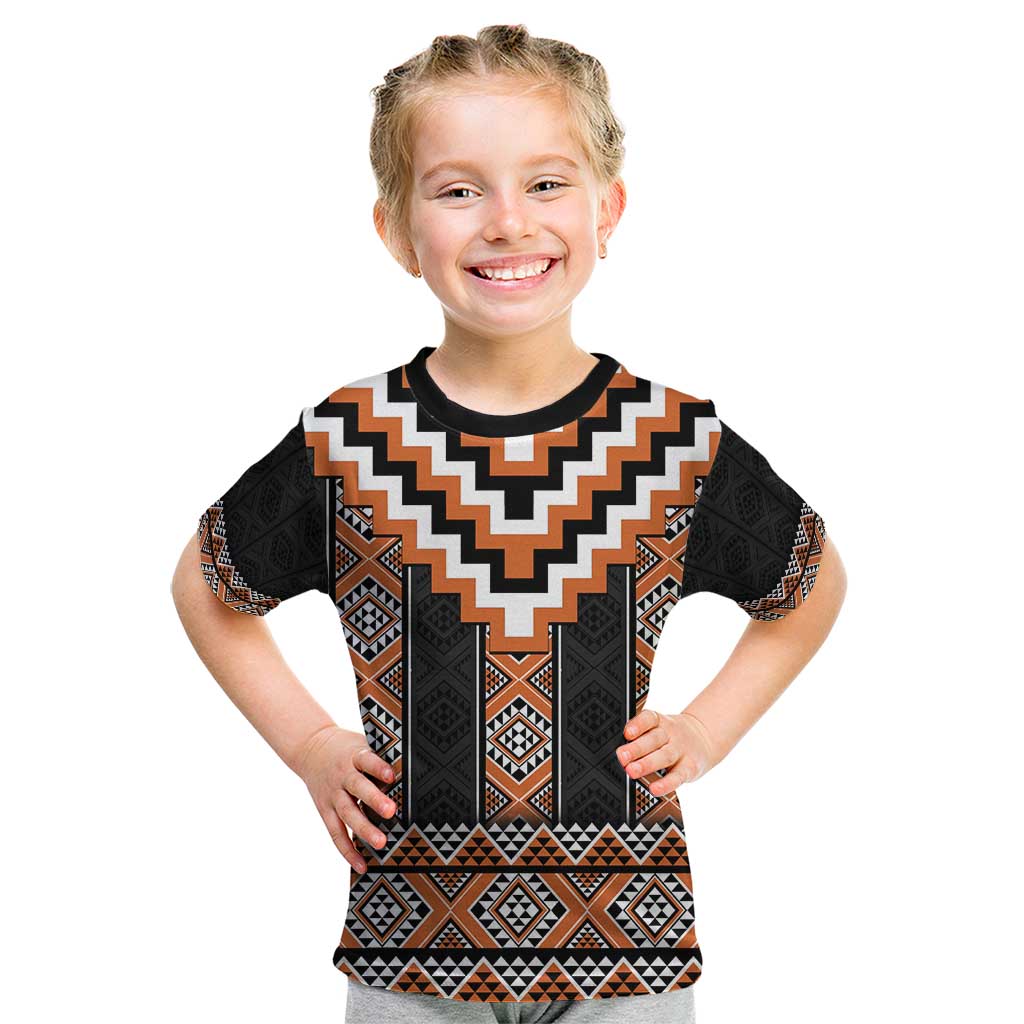 Orange Taniko Pattern Aotearoa Kid T Shirt Niho Taniwha Mix Poutama LT14