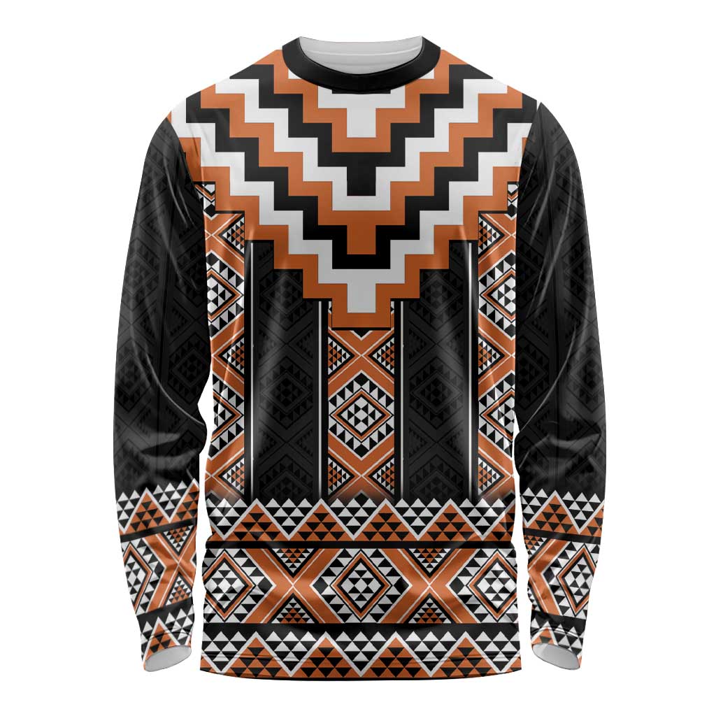 Orange Taniko Pattern Aotearoa Long Sleeve Shirt Niho Taniwha Mix Poutama LT14