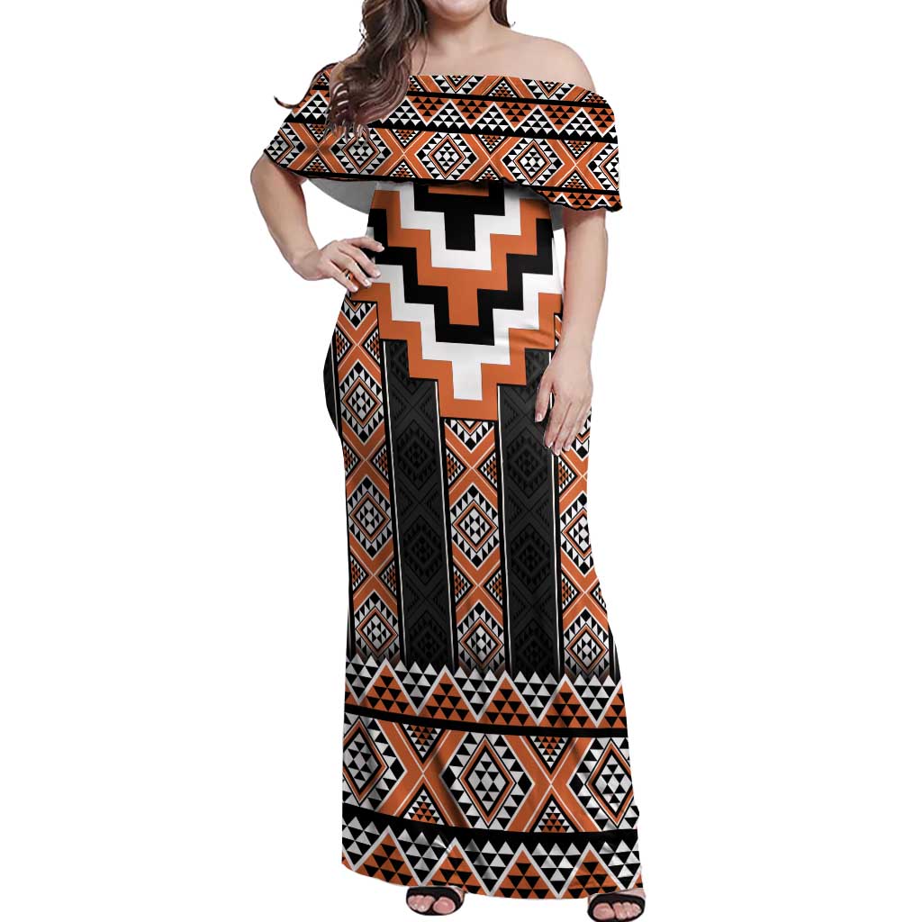 Orange Taniko Pattern Aotearoa Off Shoulder Maxi Dress Niho Taniwha Mix Poutama LT14