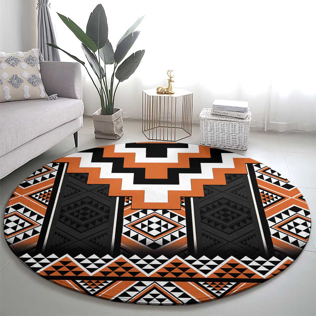 Orange Taniko Pattern Aotearoa Round Carpet Niho Taniwha Mix Poutama