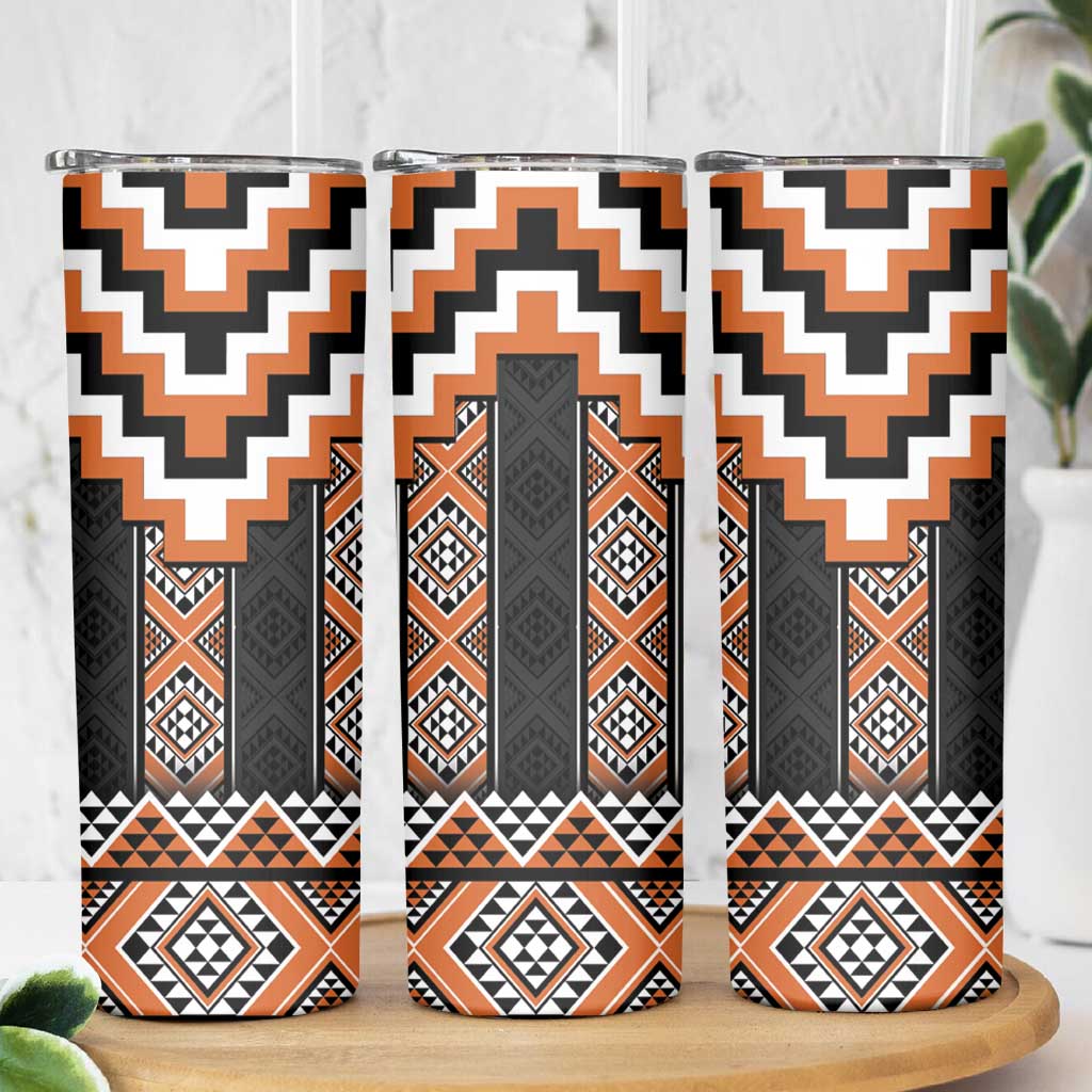 Orange Taniko Pattern Aotearoa Skinny Tumbler Niho Taniwha Mix Poutama LT14 - Polynesian Pride