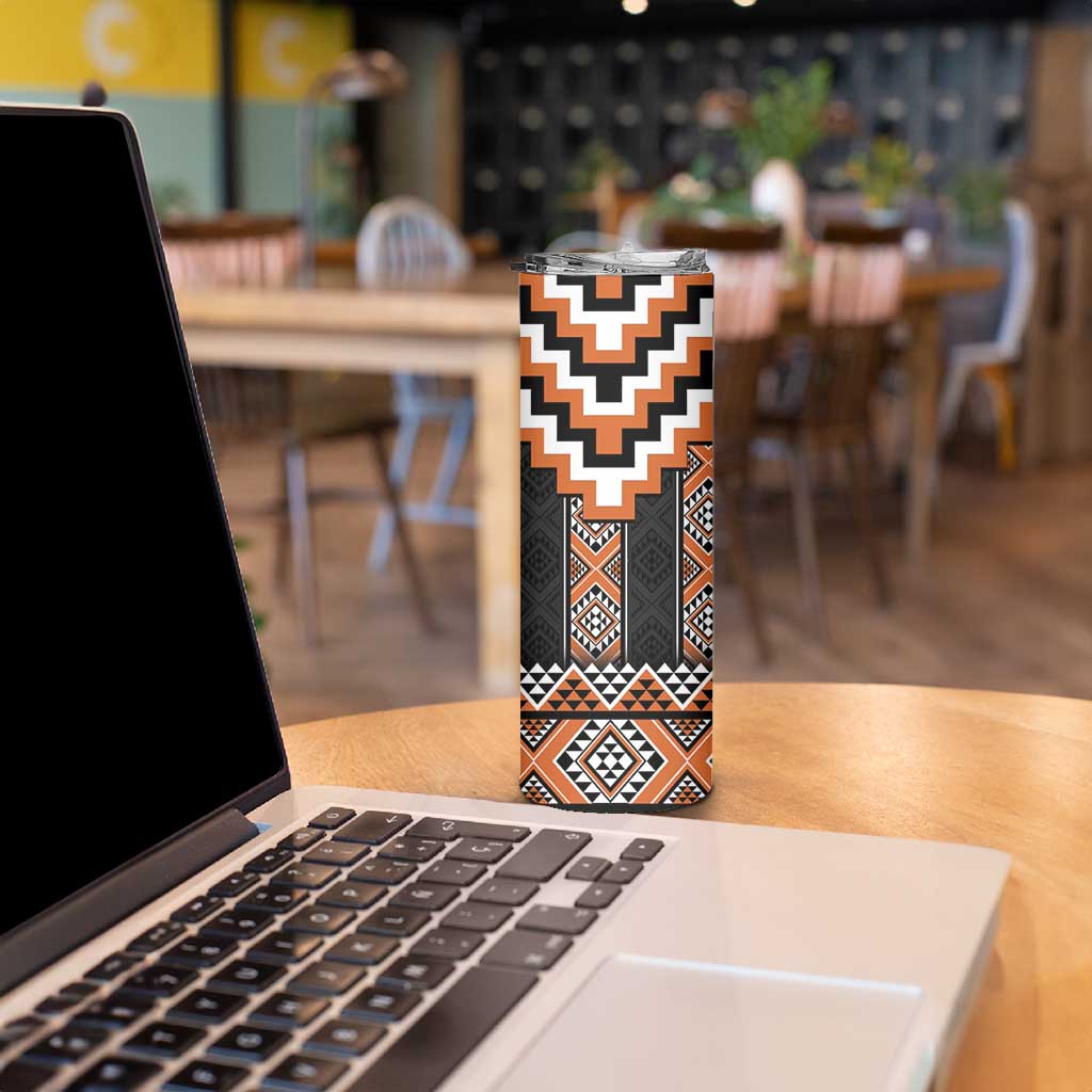 Orange Taniko Pattern Aotearoa Skinny Tumbler Niho Taniwha Mix Poutama LT14 - Polynesian Pride