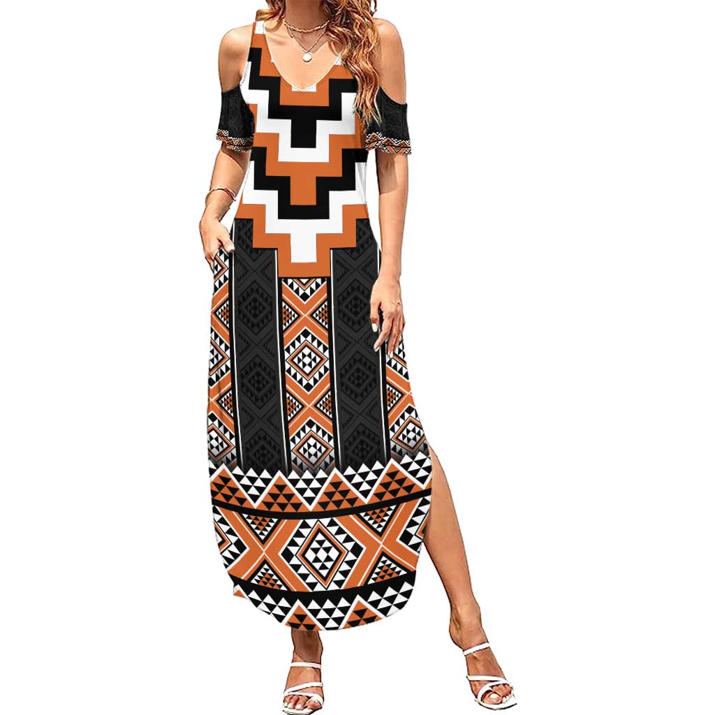 Orange Taniko Pattern Aotearoa Summer Maxi Dress Niho Taniwha Mix Poutama LT14