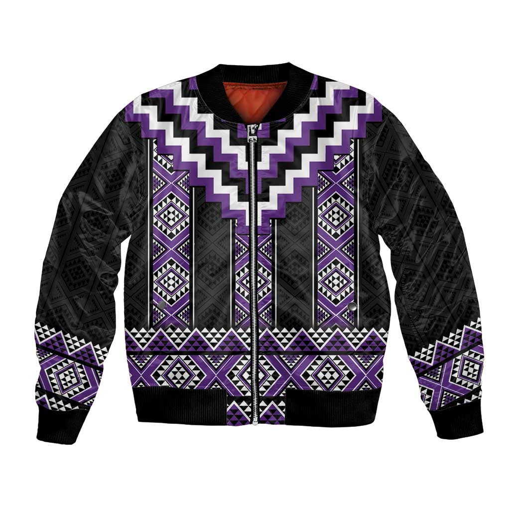 Purple Taniko Pattern Aotearoa Bomber Jacket Niho Taniwha Mix Poutama LT14 Unisex Purple - Polynesian Pride