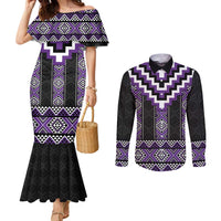 Purple Taniko Pattern Aotearoa Couples Matching Mermaid Dress and Long Sleeve Button Shirt Niho Taniwha Mix Poutama LT14