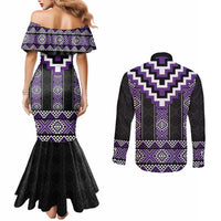 Purple Taniko Pattern Aotearoa Couples Matching Mermaid Dress and Long Sleeve Button Shirt Niho Taniwha Mix Poutama LT14