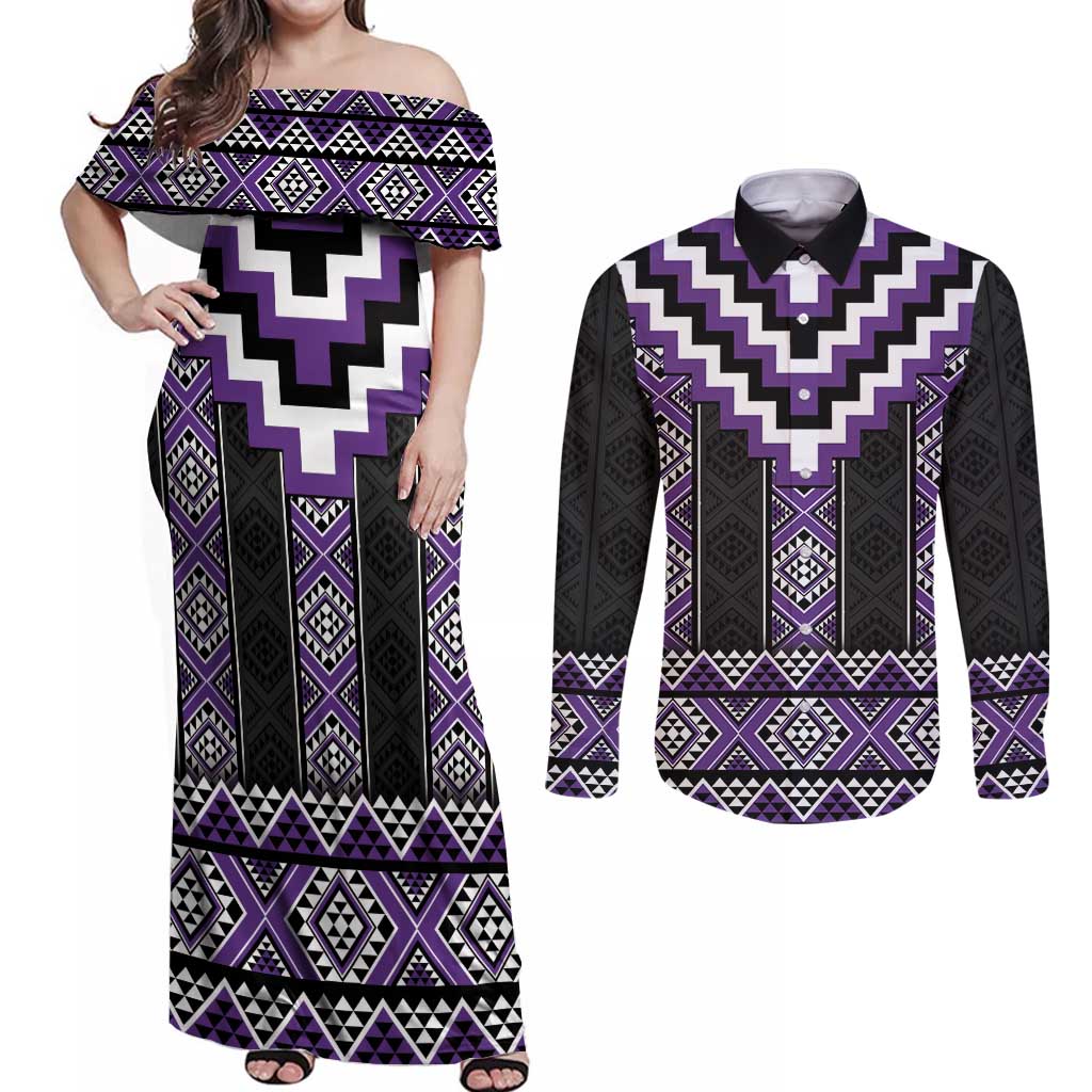 Purple Taniko Pattern Aotearoa Couples Matching Off Shoulder Maxi Dress and Long Sleeve Button Shirt Niho Taniwha Mix Poutama LT14