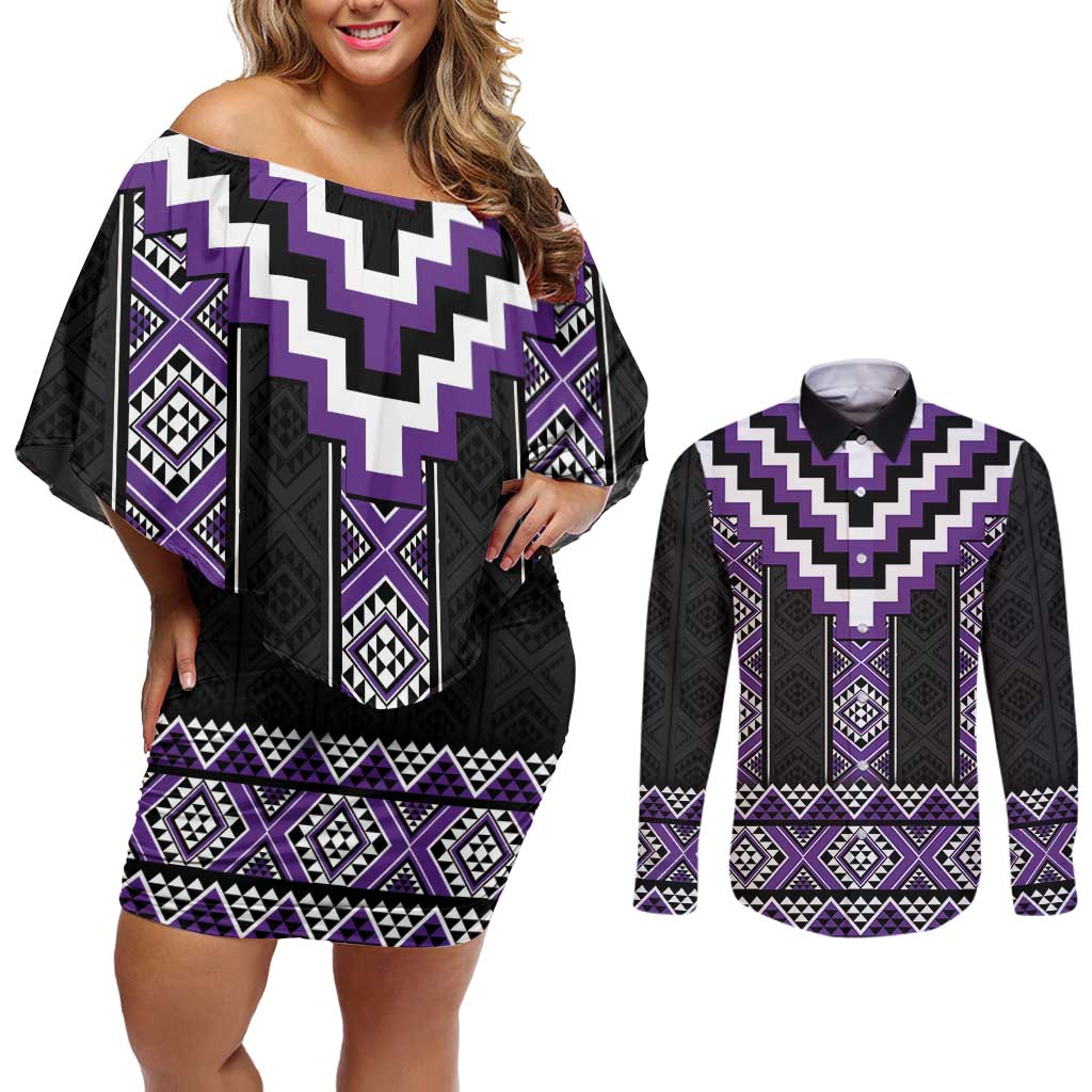 Purple Taniko Pattern Aotearoa Couples Matching Off Shoulder Short Dress and Long Sleeve Button Shirt Niho Taniwha Mix Poutama LT14