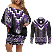 Purple Taniko Pattern Aotearoa Couples Matching Off Shoulder Short Dress and Long Sleeve Button Shirt Niho Taniwha Mix Poutama LT14